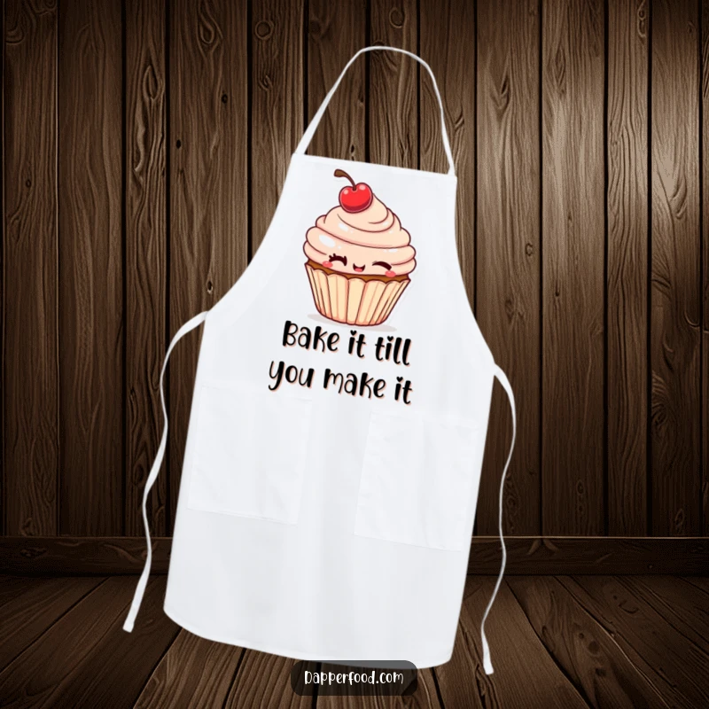 Funny Apron showcasing a cheeky cupcake winking, a cherry tilted, perfect for adding humor to kitchen duties.