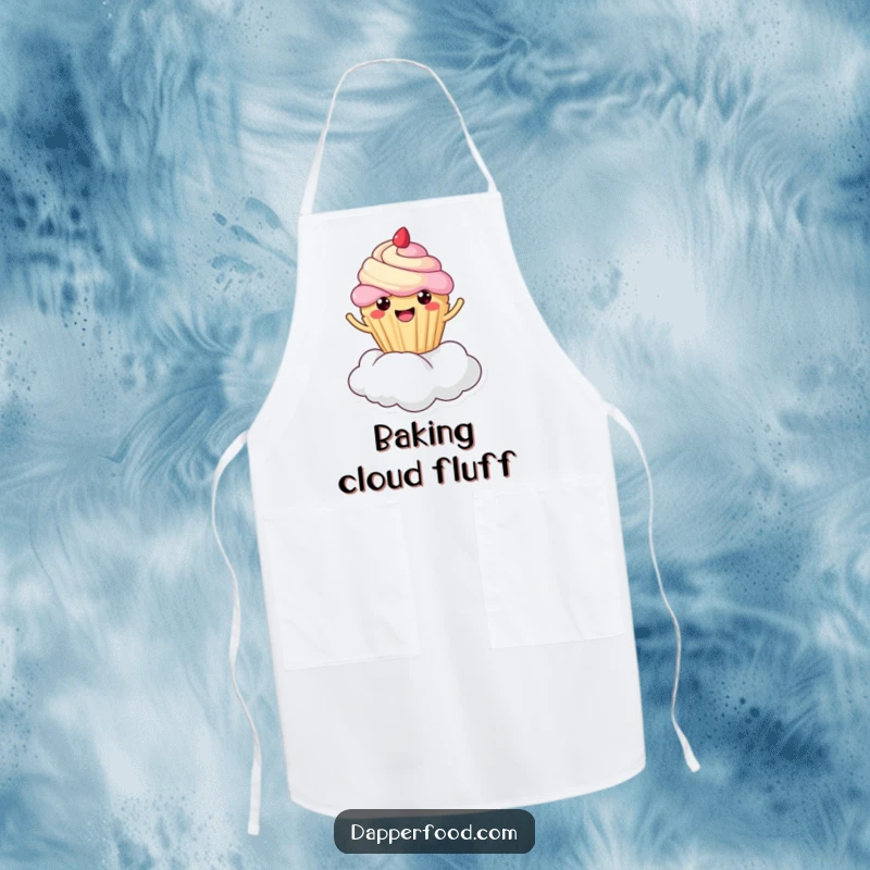 Funny cupcake cloud bounce apron, kawaii character joyfully bouncing on a cloud while baking, kitchen humor, fantastic funny gift.