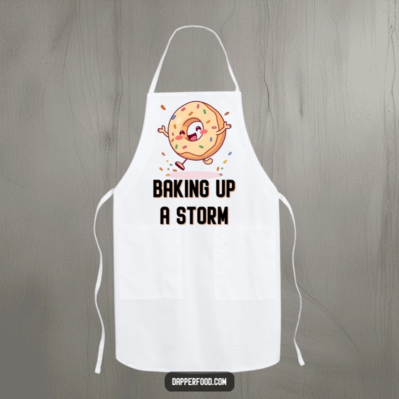 Funny Apron featuring a happy donut character playfully bouncing a giant sprinkle, ready for culinary adventures.