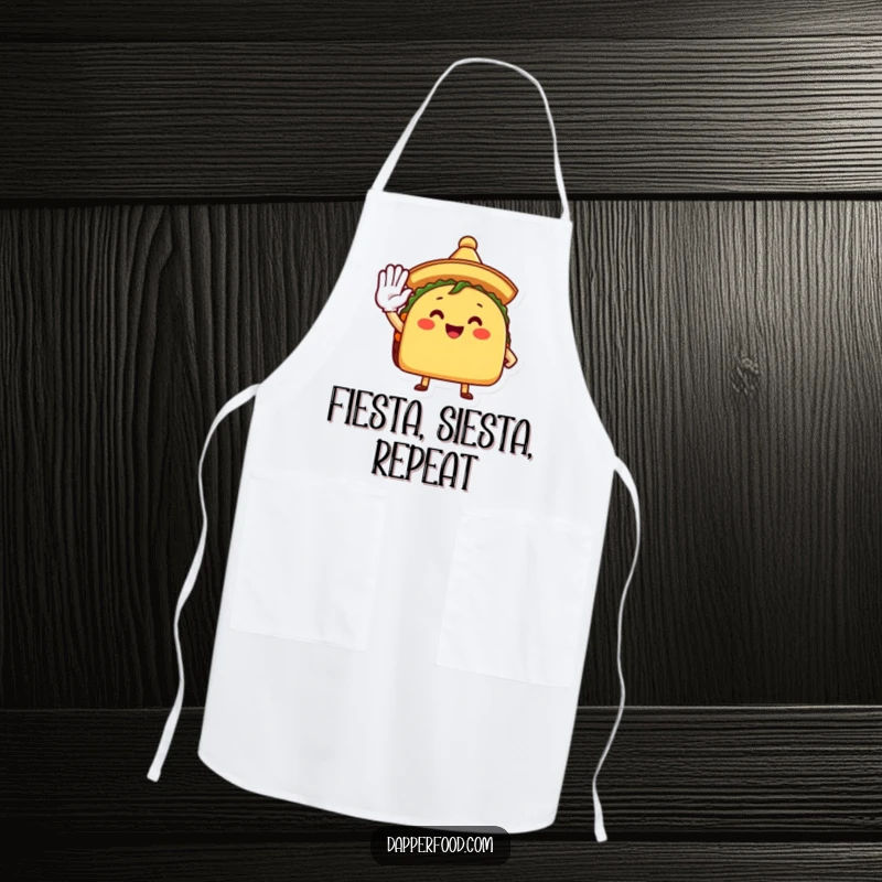 Funny Apron featuring a happy taco character in a sombrero, saluting with gusto, ready for kitchen adventures.