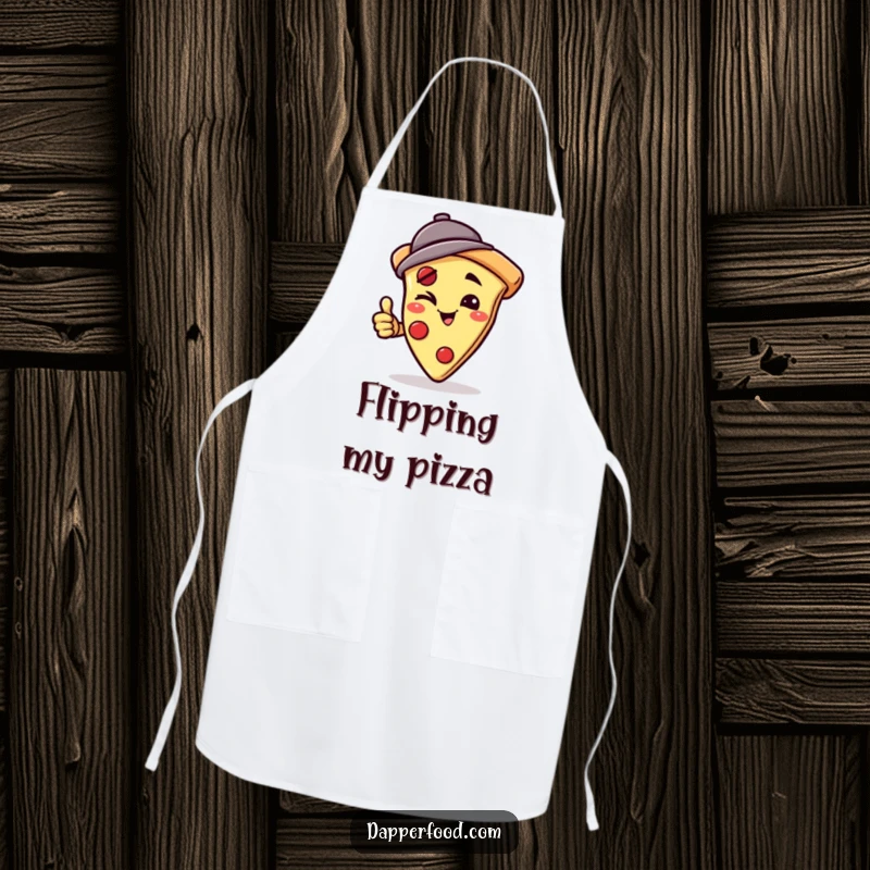 Funny apron showing a winking pizza slice character in a jaunty hat attempting a handstand, perfect for adding playful energy to kitchen activities. Great funny gift.