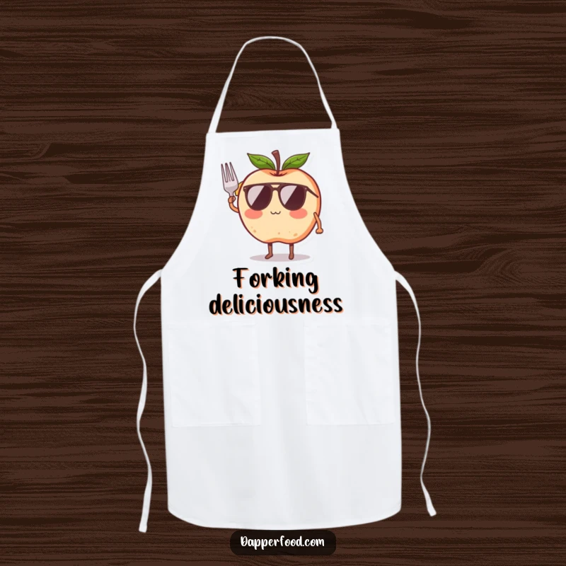 Funny kitchen apron featuring a blushing apple character in sunglasses giving a tiny fork salute, blending functionality with cool humor.