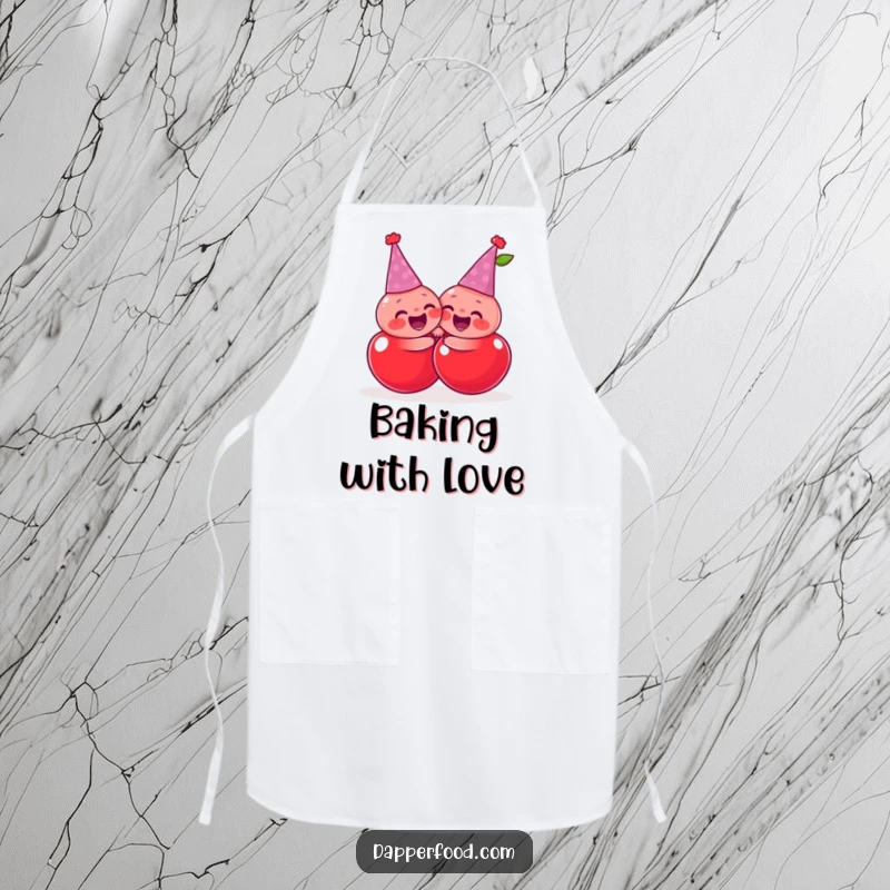 Funny giggling cherries wearing tiny party hats, sharing a joyful, exaggerated hug, a humorous and functional apron.