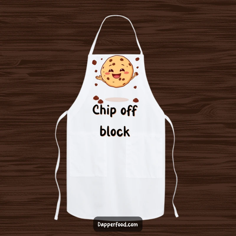 Funny apron with a happy cookie juggling chocolate chips while balancing, perfect for messy baking fun.