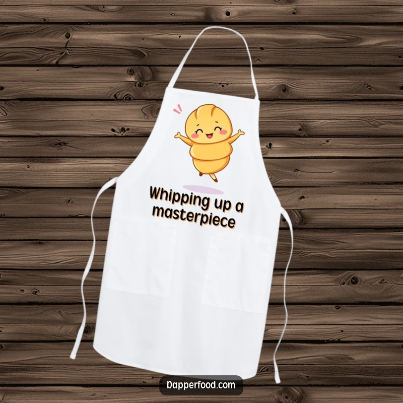 Funny apron featuring a croissant doing a ballet twirl and winking, ideal for stylish baking.
