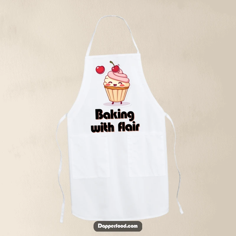Funny apron illustration of a blushing cupcake character playfully tossing a cherry, ready to bake up some deliciousness.