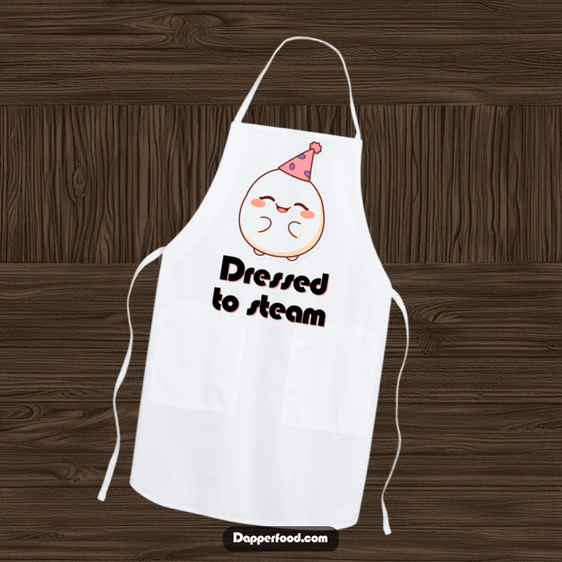 Funny apron with a cheerful dumpling winking and wearing a tiny party hat, bringing festive fun to the kitchen.