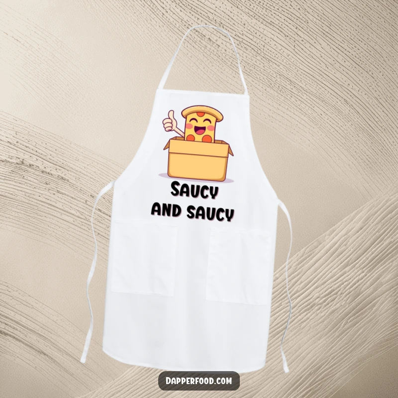 Funny apron with a giggling slice of pizza giving a thumbs-up from a giant pizza box, bringing delicious fun to cooking.