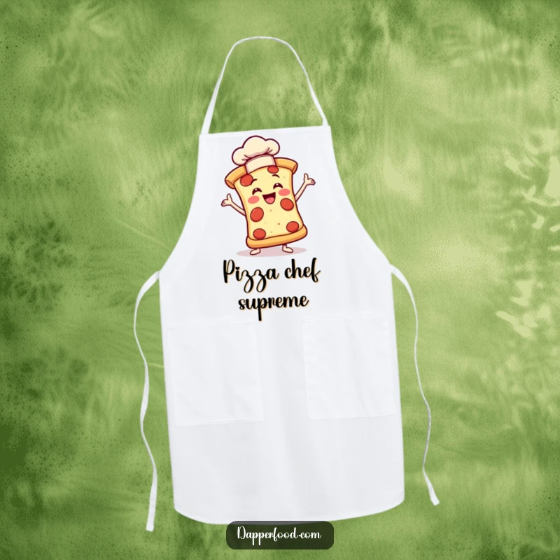 Funny apron showing a joyful pizza slice in a dramatic pose wearing a tiny chef hat, great for cooking.