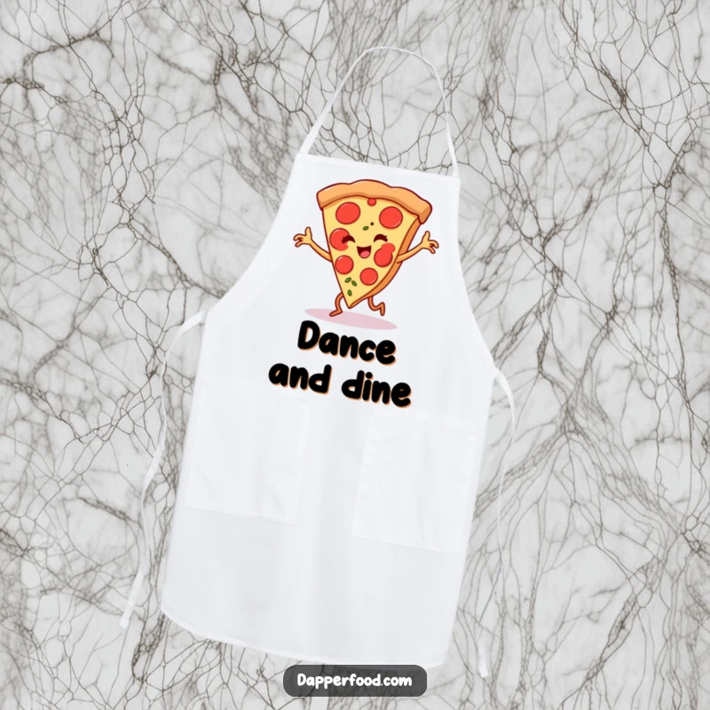 Funny pizza slice apron, tiny legs performing a spirited flamenco dance, adding humorous flair to the wearer's cooking experience.