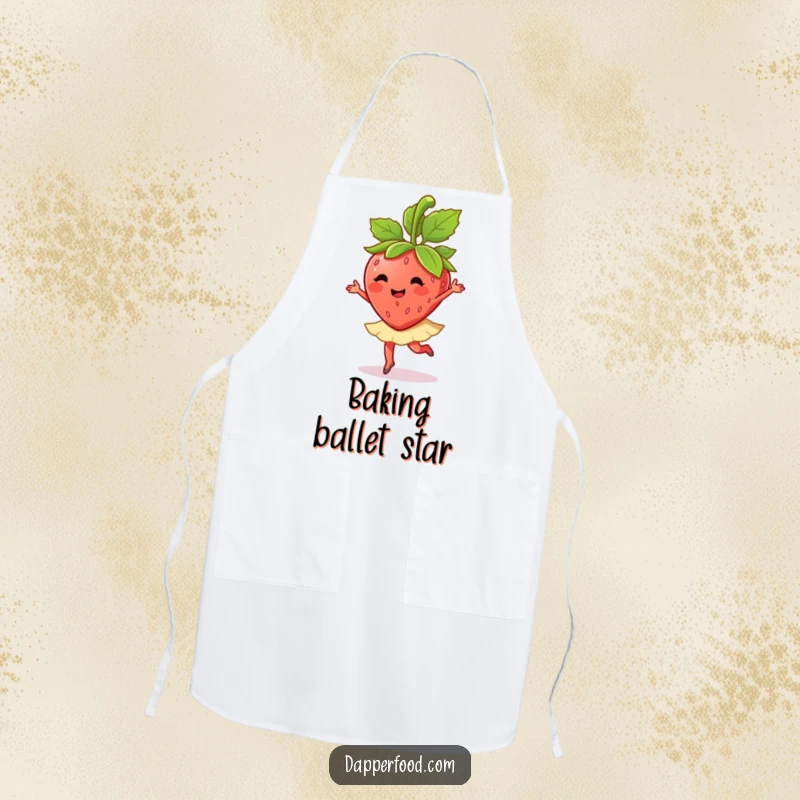 Funny strawberry character doing a ballet twirl with its leaves on an apron, adding humor to cooking.