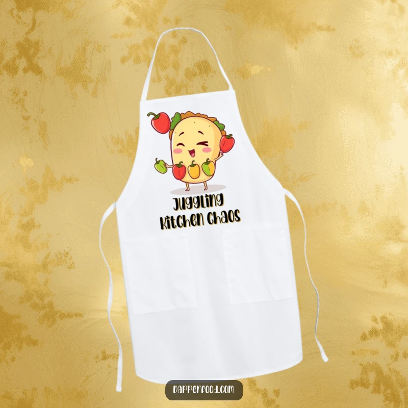 Funny apron showing a winking taco character expertly juggling three tiny bell peppers, ready to create culinary magic.