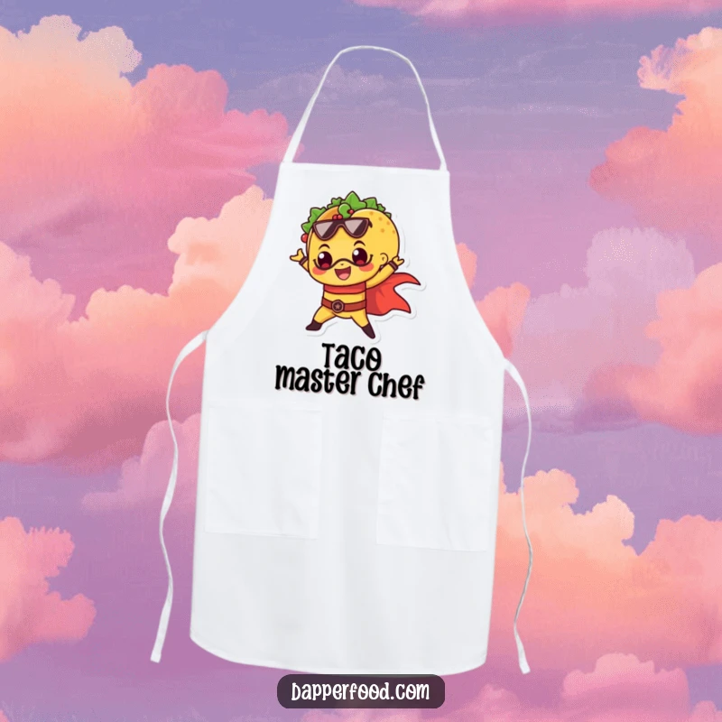 Funny apron with a happy taco striking a superhero pose, designed for kitchen adventures.