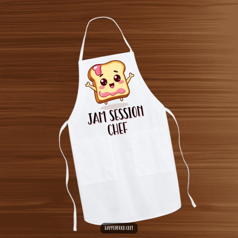 Funny apron illustration of a delighted piece of toast with eyes jumping for a jelly jar, adding humor to kitchen activities.
