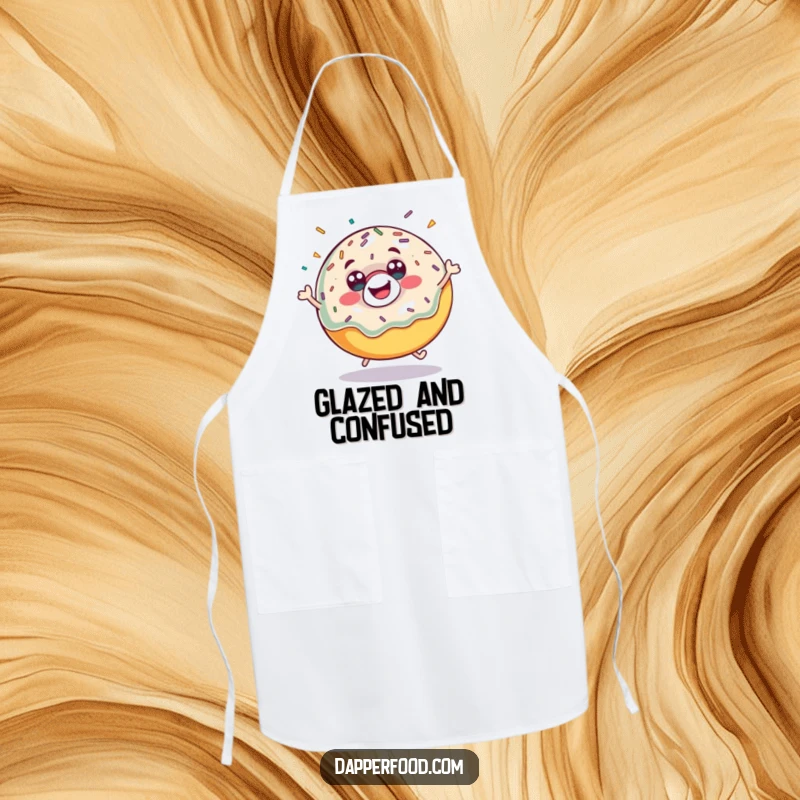 Funny donut bounce apron, showing a happy donut with sprinkles flying, perfect for baking sessions. A great funny gift.