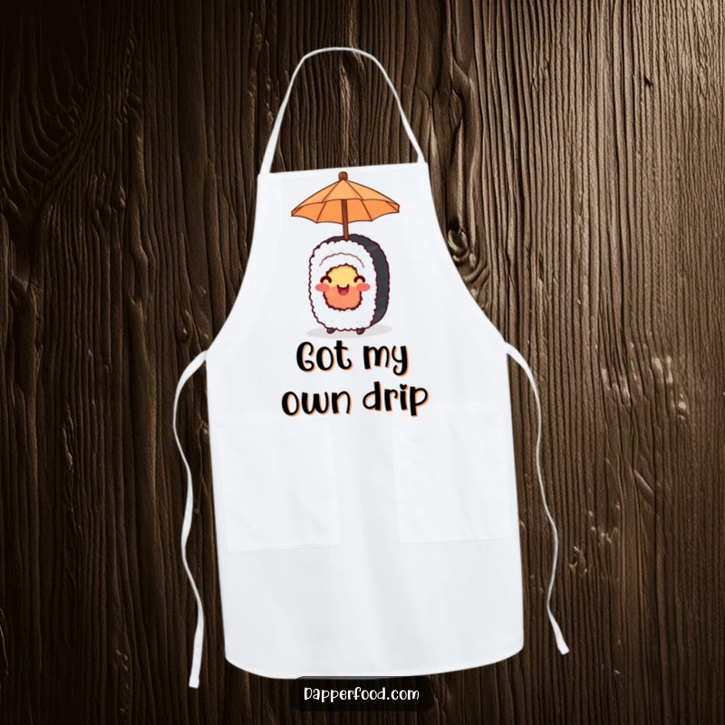 Funny Apron designed with a happy sushi roll balancing a tiny umbrella, adding cheer to cooking.