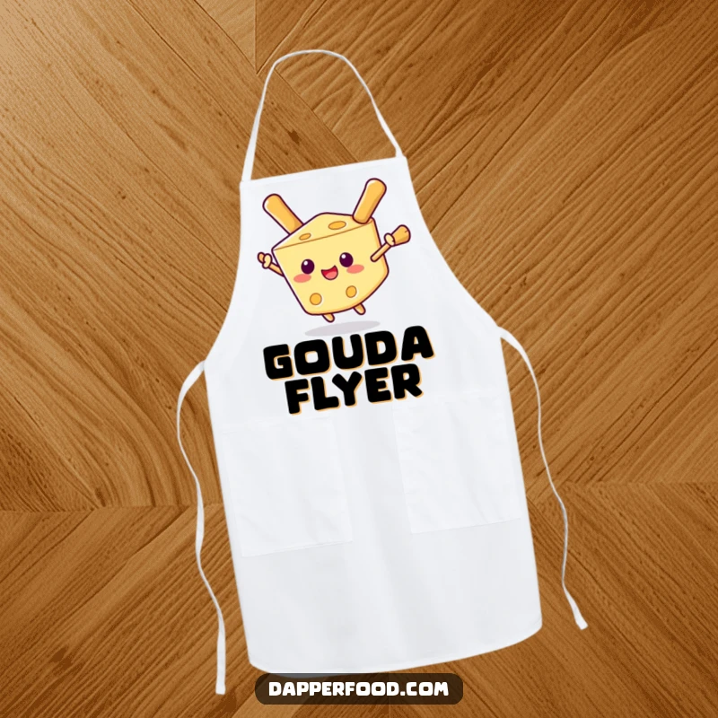 Funny apron with a happy cheese wedge using breadstick wings to 'fly' while cooking, adding kitchen humor.