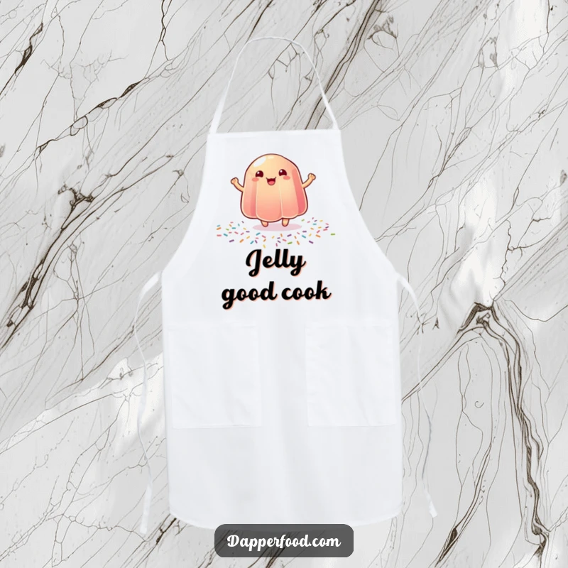Funny apron with a happy jelly bouncing on sprinkles, designed for kitchen fun and sweetness.