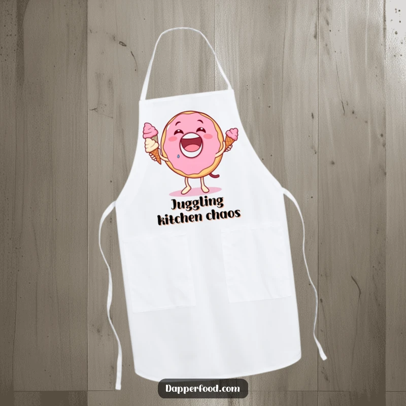 Funny donut apron, big grin, hilariously juggling tiny ice cream cones, for a humorous and sweet cooking experience.