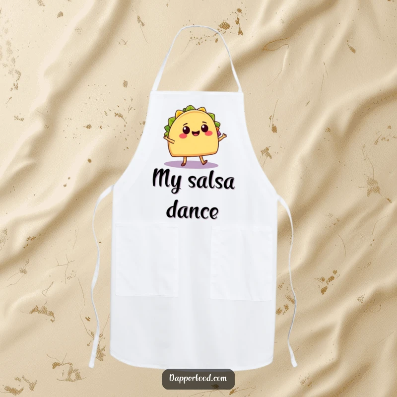 Funny Apron: A cheerful taco with legs salsa dances with a smiling burrito, adding fiesta flair to kitchen duties.