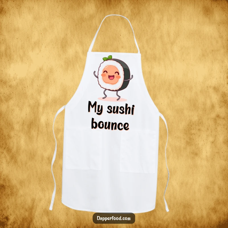 Funny Apron: A happy sushi roll with tiny spring legs bounces, adding playful Japanese charm to meal preparation.