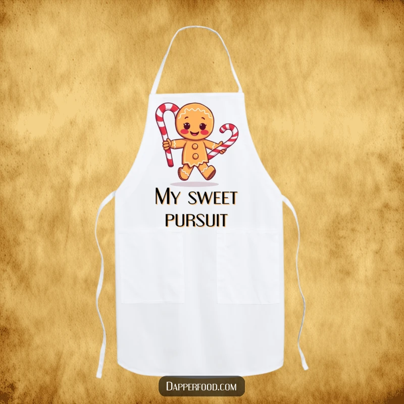 Funny apron showcasing a gingerbread man character running with a huge candy cane, ideal for kitchen tasks and adding a humorous touch.