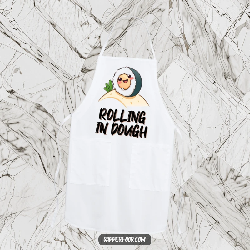 Funny Apron featuring a happy sushi roll character gleefully rolling downhill, ready for culinary creations.