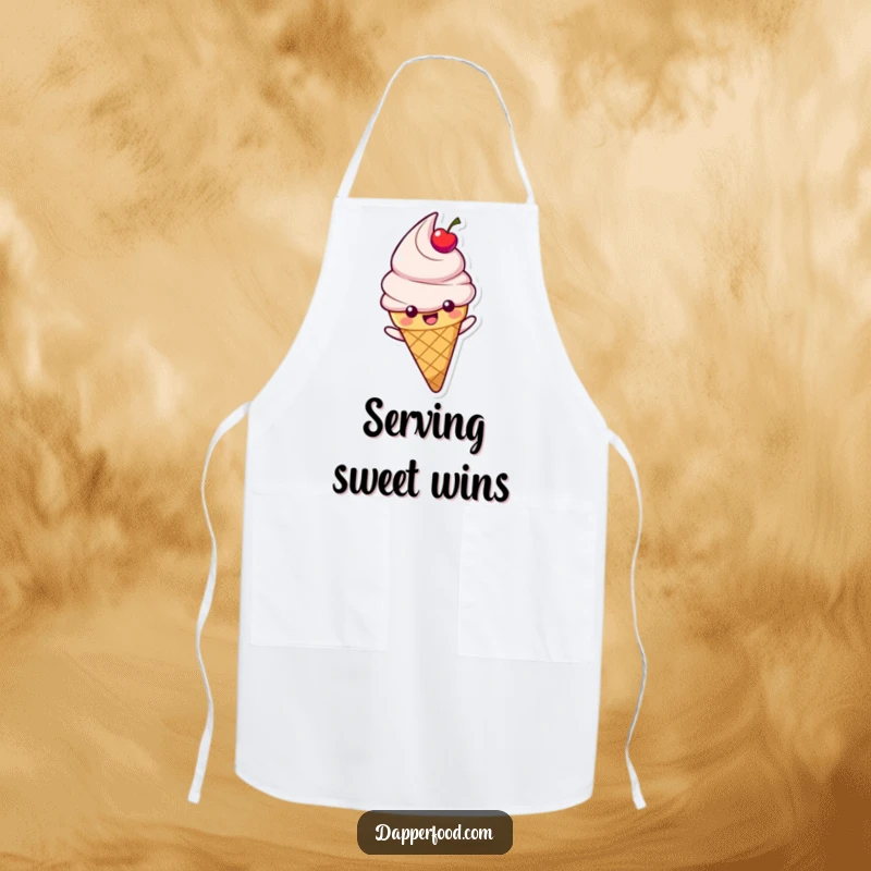 Funny Ice Cream Apron showing a happy cone character with cherry topping, sliding down a rainbow, designed for a fun and sweet cooking experience.