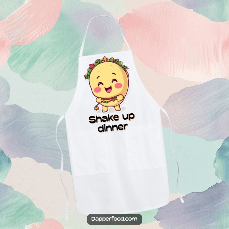 Funny taco apron featuring a smiling anthropomorphic taco character shaking tiny, colorful maracas, ready to add spice to any meal.