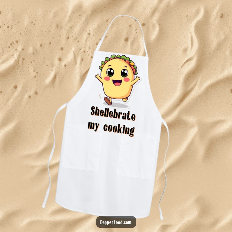 Funny apron showing a happy taco character cartwheeling with delight, perfect for adding playful energy to any kitchen. Great funny gift for cooks.