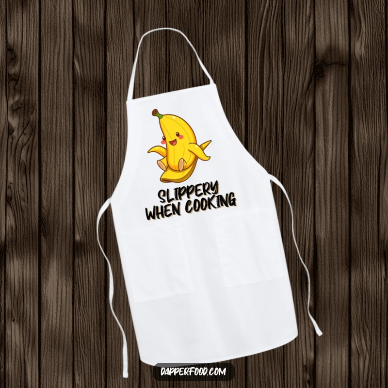 Funny apron with a smiling banana sliding down a banana peel, adding whimsical fun to cooking activities.
