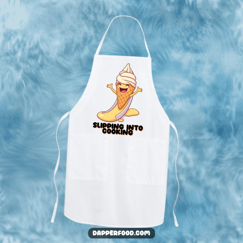 Funny apron showing a laughing ice cream cone with arms sliding down a syrup slide, bringing humor to kitchen activities.