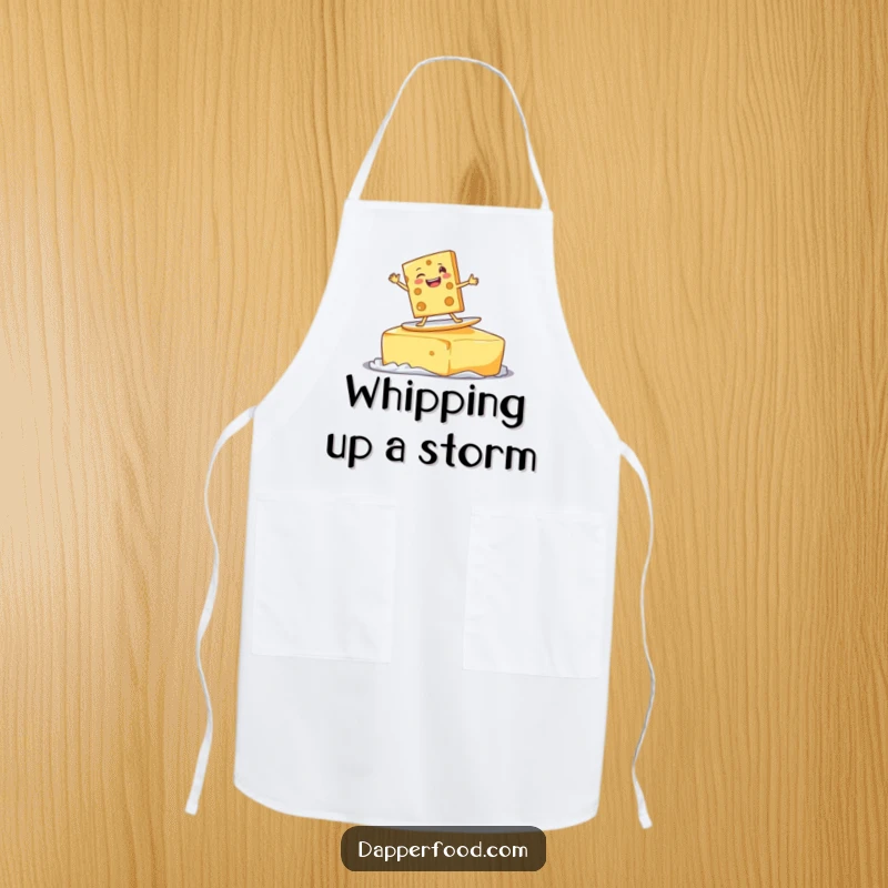 Funny delighted cheese slice character surfing on a giant pat of butter with a goofy grin, a humorous apron.