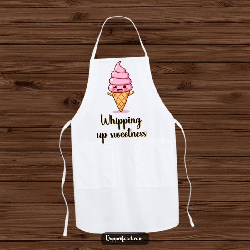 Funny Ice Cream Wobble Apron showcasing a joyous ice cream cone character with a wobbling topping, bopping along while cooking.