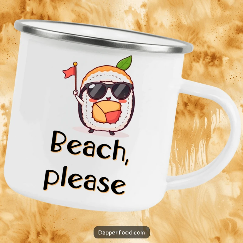 Funny sushi roll sporting sunglasses and a flag sits on a camping mug, ready for outdoor fun and humor.