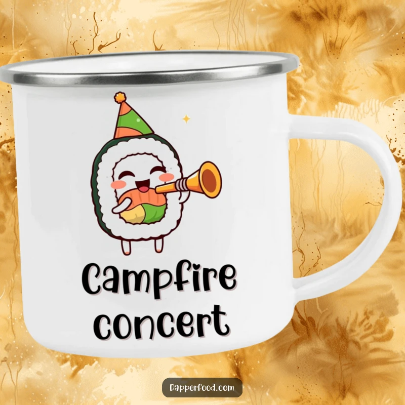 Funny sushi roll camping mug, in a party hat, enthusiastically playing a tiny trumpet, for humorous festive outdoor beverage enjoyment.