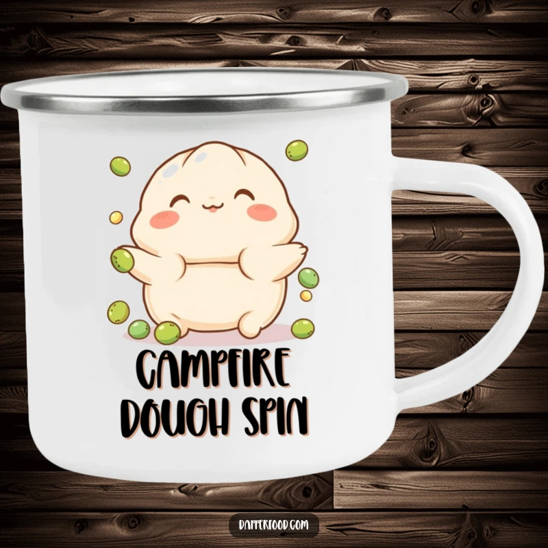 Funny Dumpling Camping Mug with a playful character, rosy cheeks, balancing on a tiny ball, built for outdoor adventures and adorable humor.