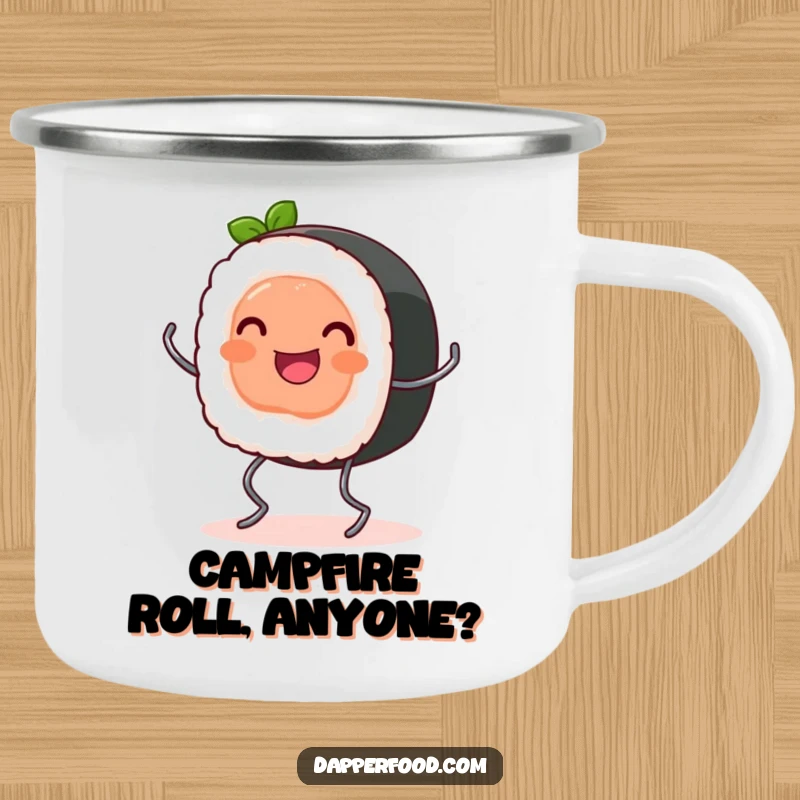 Funny Camping Mug: A happy sushi roll with tiny spring legs bounces, ready for cute foodie adventures outdoors.