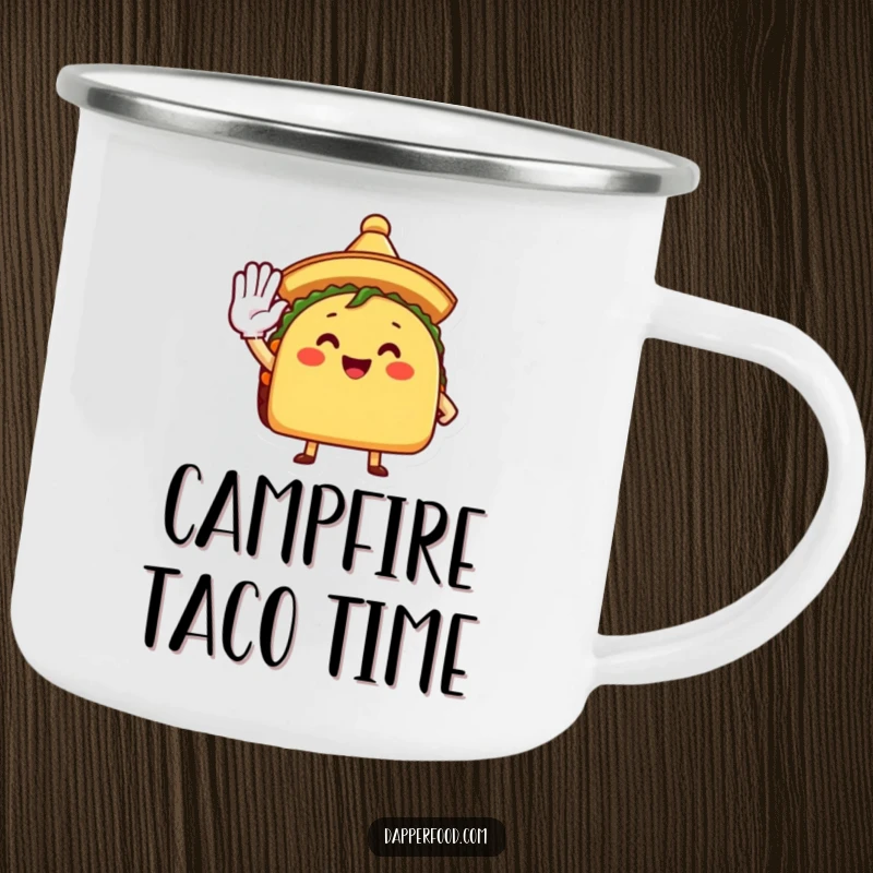 Funny Camping Mug featuring a taco character saluting with a sombrero, durable and ready for outdoor fun.