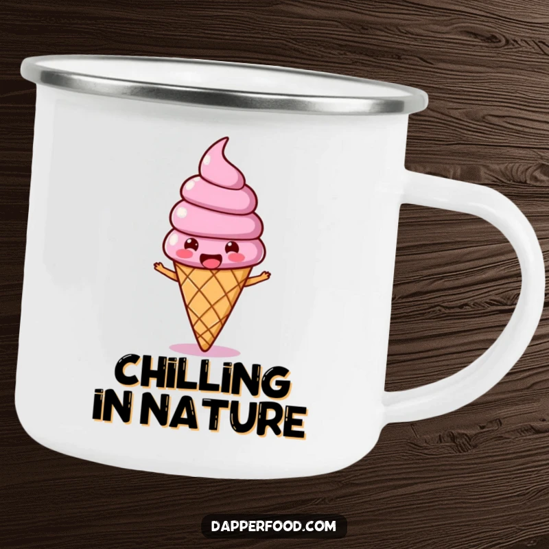 Funny Ice Cream Wobble Camping Mug with a joyous ice cream cone character and wobbling topping, bopping along, humorous for adventures.
