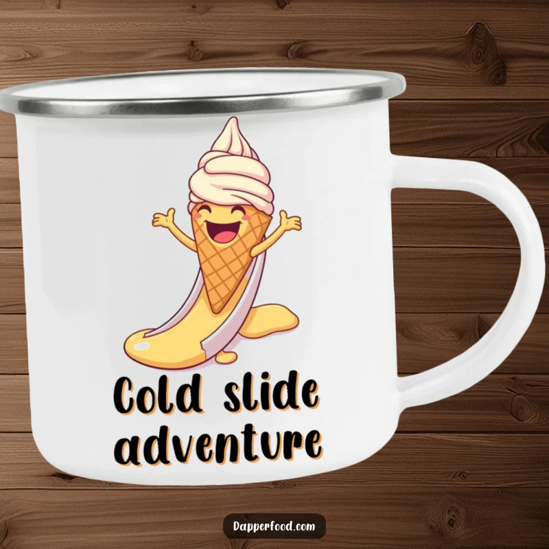 Funny camping mug illustration of a laughing ice cream cone with arms sliding down a syrup slide, perfect for outdoor enjoyment.