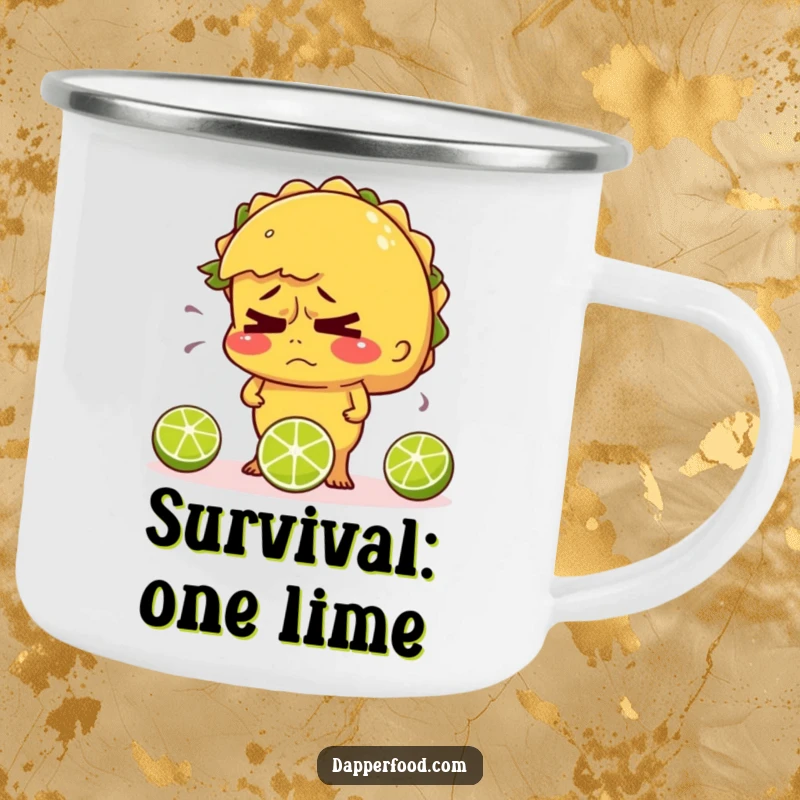 Funny camping mug featuring a nervous taco sweating and juggling limes, ready for outdoor chaos.