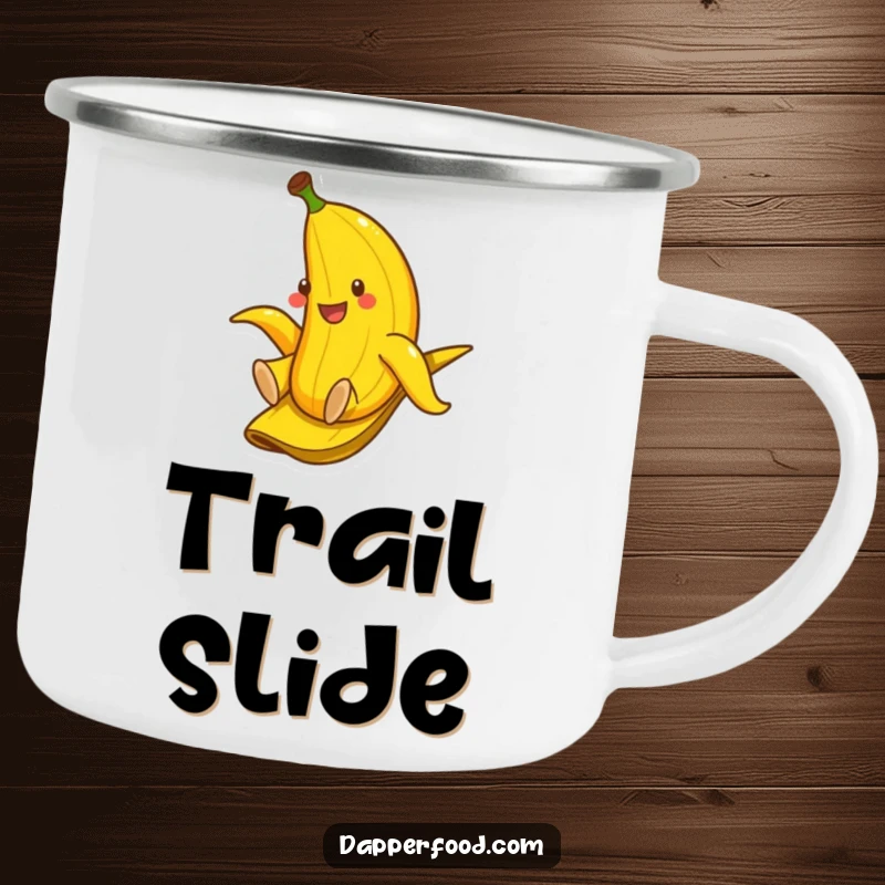 Funny camping mug with a smiling banana sliding down a banana peel, designed for outdoor humor and enjoyment.