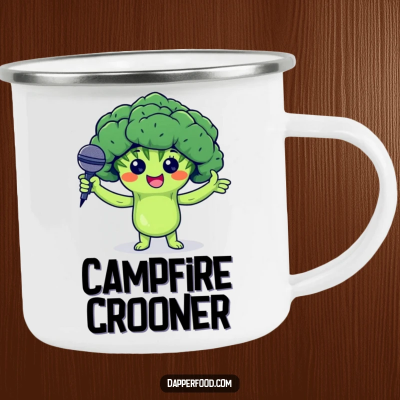 Funny camping mug showcasing a proud broccoli floret character holding a tiny microphone, perfect for enjoying drinks during outdoor performances.