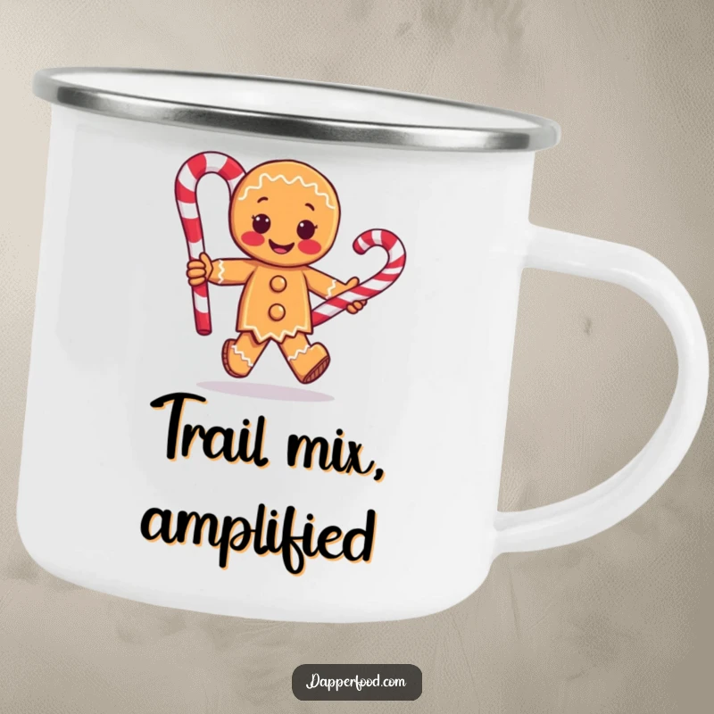 Funny camping mug depicting a gingerbread man character running with a giant candy cane, designed for outdoor adventures and cheerful sipping.