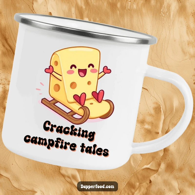 Funny cheese slice cracker slide camping mug, perfect for outdoor beverages and cheesy jokes. An adventure-ready funny gift.