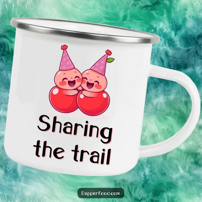 Funny giggling cherries wearing tiny party hats, sharing a joyful, exaggerated hug, a durable and humorous camping mug.