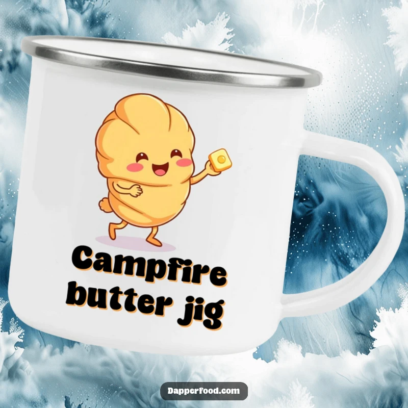 Funny croissant character doing a jig with a butter pat, designed for a humorous and durable camping mug.