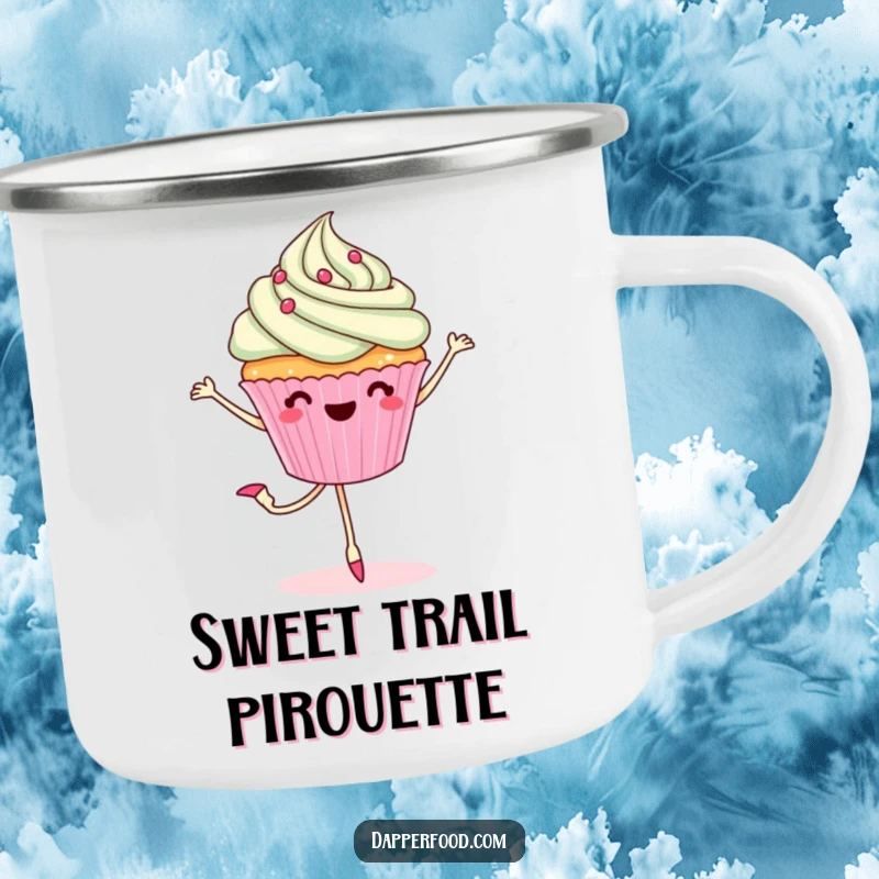 Funny camping mug illustration of a cheerful cupcake with legs doing a ballet pirouette, bringing sweetness to outdoor settings.