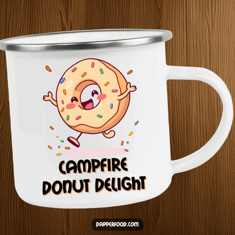 Funny Camping Mug featuring a happy donut character bouncing a sprinkle, durable and ready for outdoor fun.